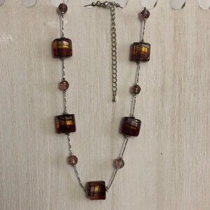 Square Bead Accent Necklace Silver Tone